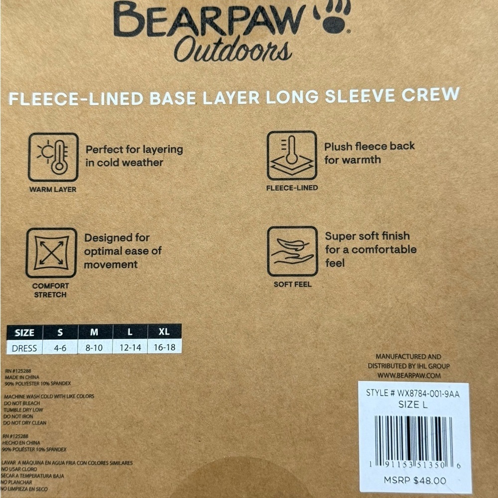 BearPaw Outdoors FLEECE-LINED BASE LAYER LONG SLEEVE NIB - Picture 2 of 2